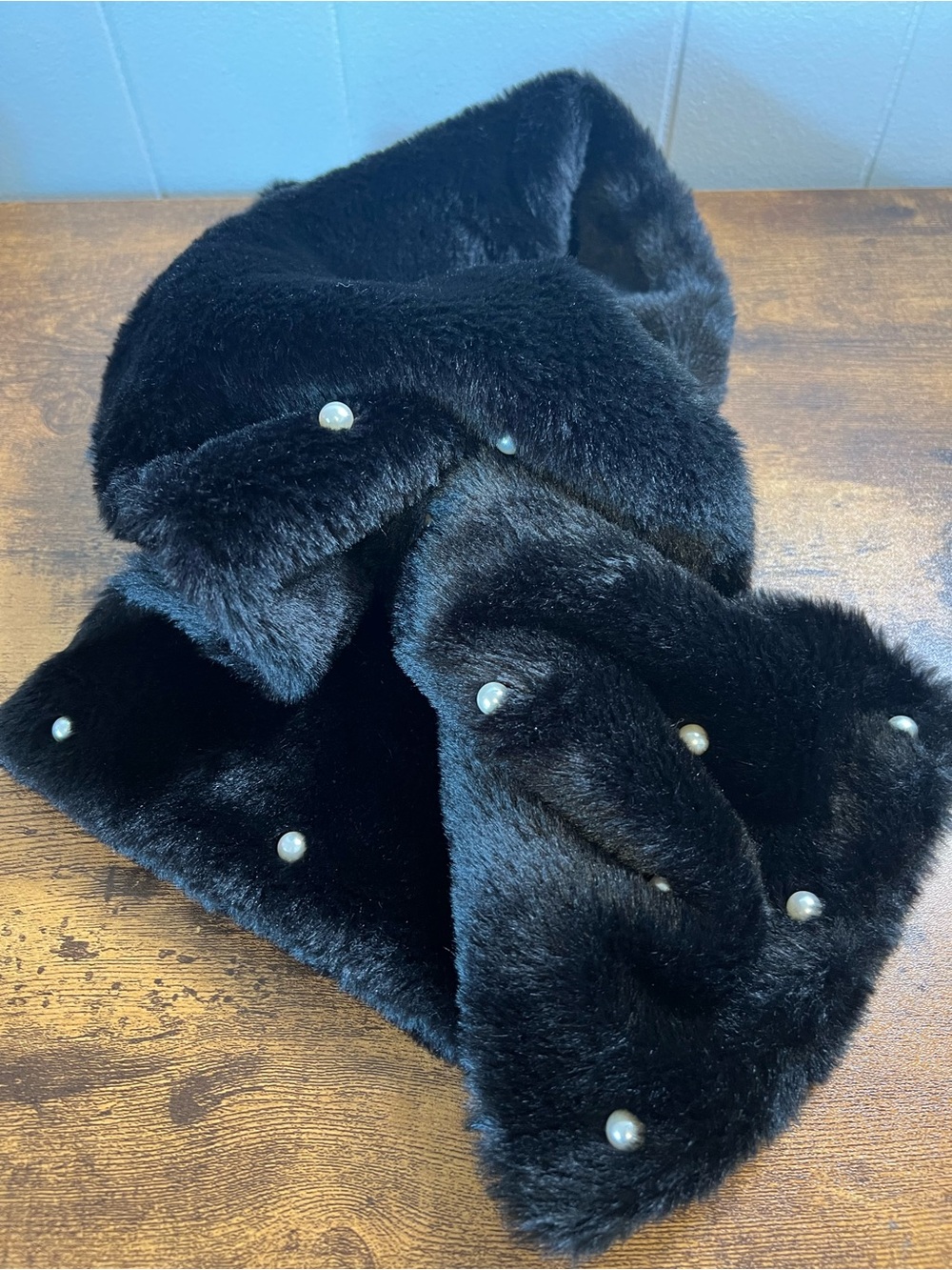 Black Faux Fur Scarf with Pearl Accents - Women Accessories, G20